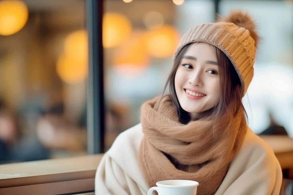 【無料】美しい女性を生成するMidjourneyのプロンプト3選：1.カフェでコーヒーを飲む女性